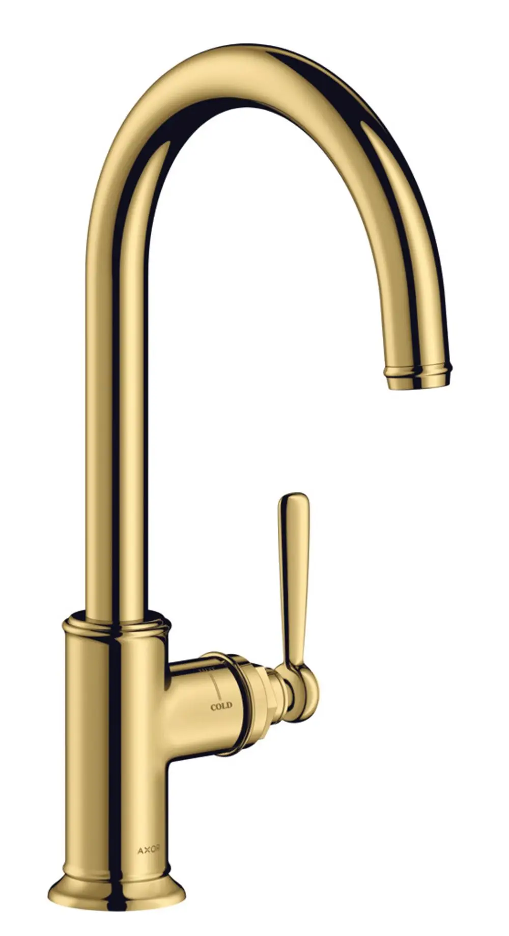 Einhebel-Küchenmischer mit Schwenkauslauf in Goldoptik. AXOR-Logo an der Seite, ausgestattet mit einem Hebel zur Regelung von Wasserfluss und Temperatur.